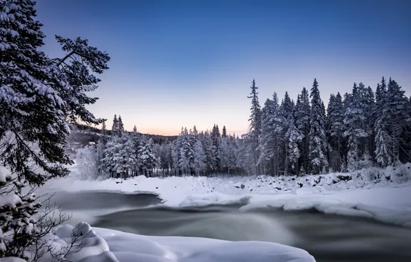 Картинка зима, снег, туман, река, лёд