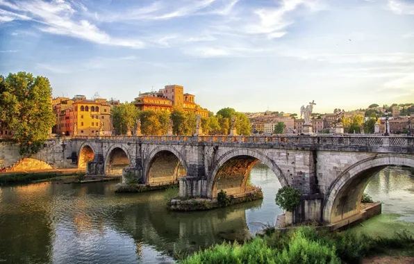 Мост, река, дома, Рим, Италия, Rome
