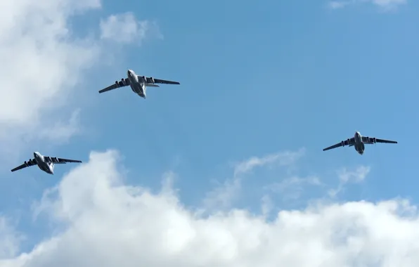 Небо, облака, Россия, 9 мая, ВВС, самолёты, Ил-76, групповой пилотаж
