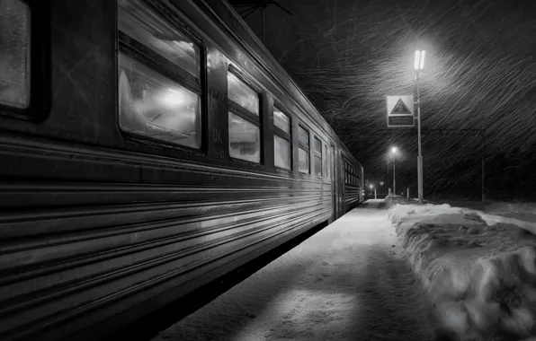 Зима, станция, утро, вагон, электричка, метель
