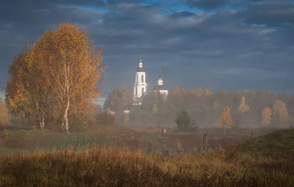 Картинка осень, пейзаж, природа, туман, село, утро, церковь, Виталий Левыкин