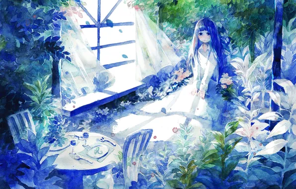 Картинка девушка, цветы, стол, стулья, растения, аниме, окно, арт