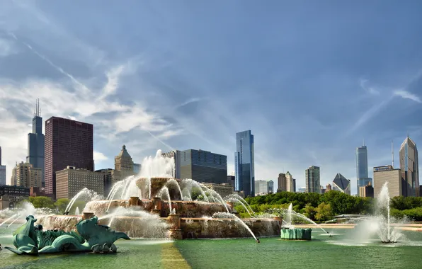 Картинка город, парк, Чикаго, фонтаны, Иллиноис