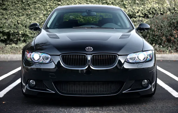 Картинка чёрный, бмв, BMW, парковка, black, Coupe, 335i, E92
