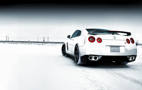 Картинка зима, снег, Nissan GTR Snowy Field