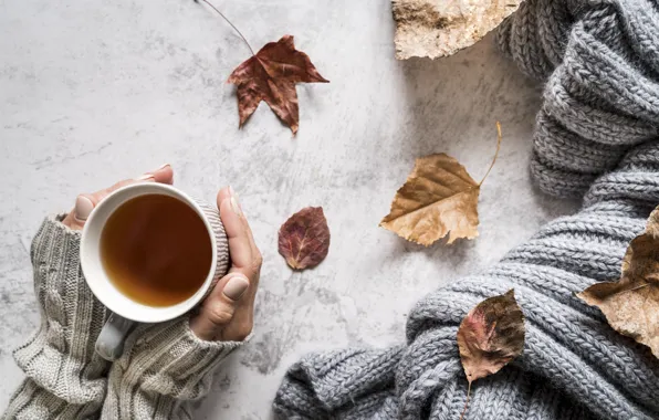 Осень, листья, тепло, чай, руки, autumn, вязание, вязаная вещь