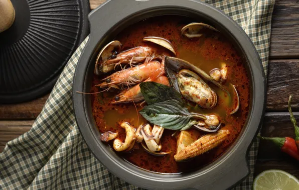 Суп, креветки, морепродукты, моллюски