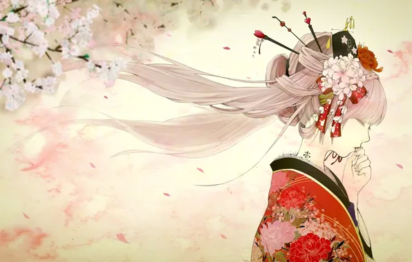 Картинка девушка, весна, сакура, тату, арт, профиль, кимоно, vocaloid
