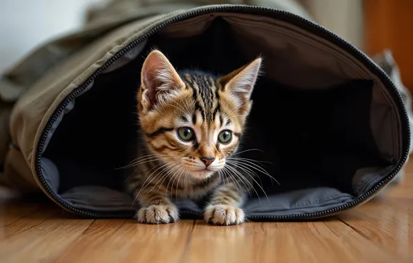 Кошка, взгляд, поза, котенок, серый, игра, лапки, укрытие