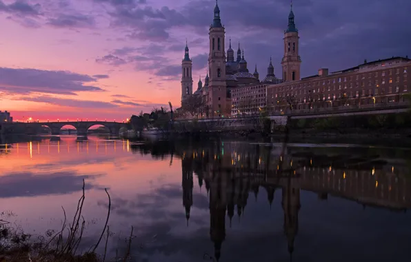 Небо, закат, мост, река, церковь, Испания, набережная, rivers