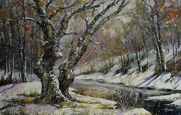 Картинка зима, лес, река, пасмурно, картина, живопись, снегопад, зимний пейзаж