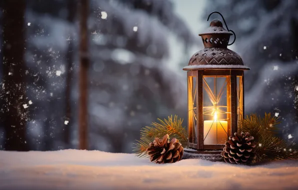 Зима, снег, ночь, Рождество, фонарь, Новый год, Christmas, night