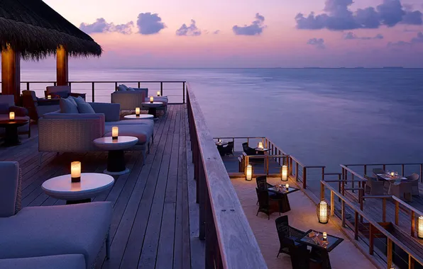 Картинка dusk on a tropical isl, dinner, ocean, resort, evening, overlooking