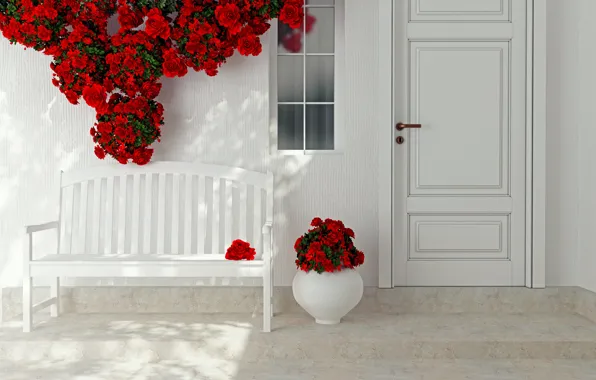 Картинка цветы, розы, интерьер, дверь, красные, ваза, декор