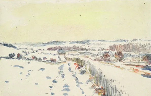 Рисунок, акварель, Камиль Писсарро, Эраньи под Снегом