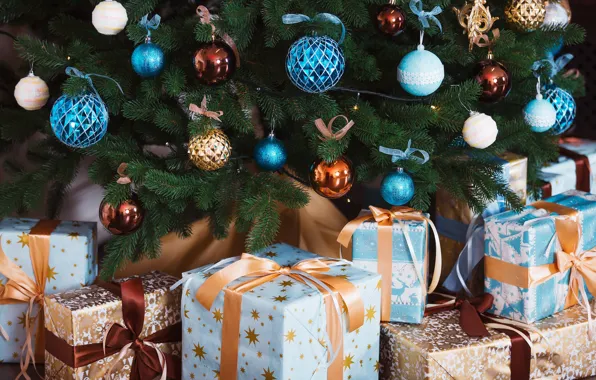 Картинка праздник, шары, елка, шар, подарки, Новый год