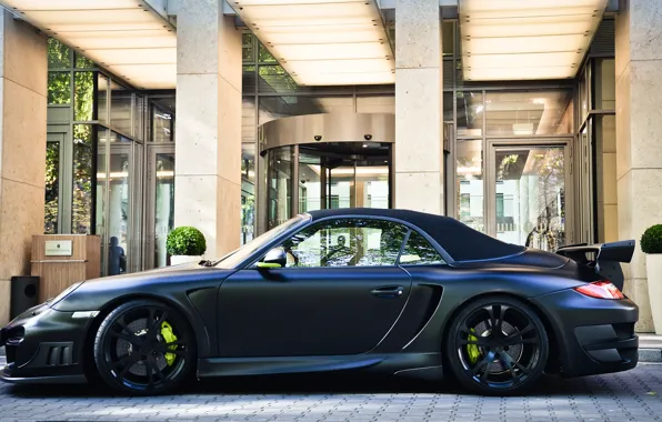 Картинка 911, 997, Porsche, black, matt, techart, building, cabriolet