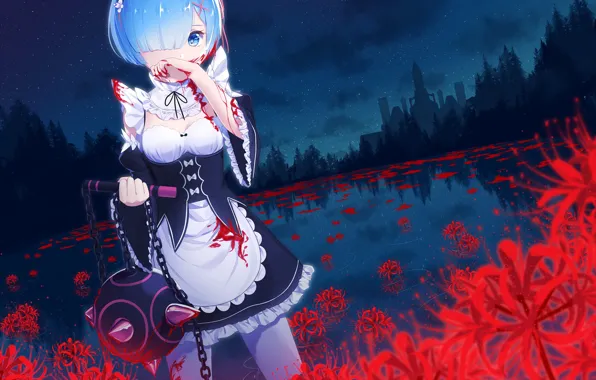 Цветы, озеро, замок, кровь, anime, art, Rem, Re: Zero kara Hajimeru Isekai Seikatsu