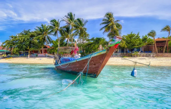 Море, пальмы, берег, лодка, Таиланд