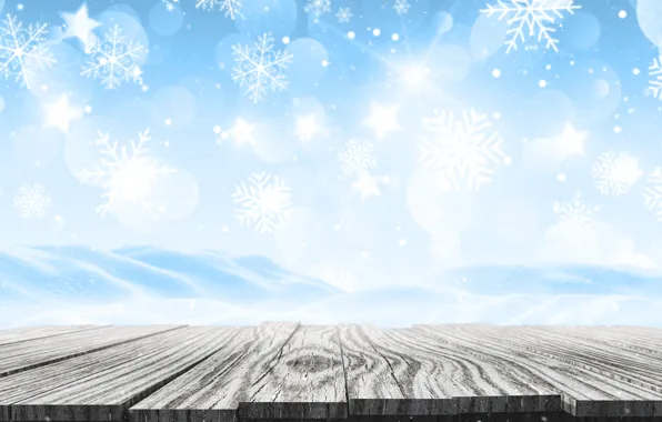 Зима, снег, снежинки, фон, доски, Christmas, wood, winter