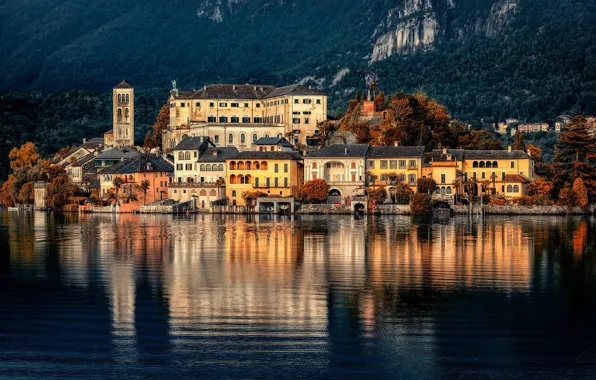 Озеро, здания, дома, Италия, Italy, Piedmont, Пьемонт, Lake Orta
