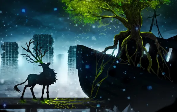Картинка снег, город, дерево, олень, романтика апокалипсиса, romantically apocalyptic