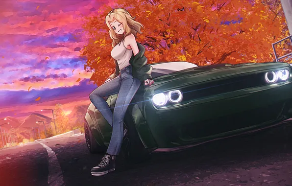 Картинка car, Dodge Challenger, road, sky, leaves, jeans, blonde, Girls und Panzer