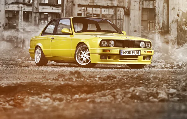 Картинка жёлтый, бмв, BMW, руины, yellow, Coupe, E30, 3 Series