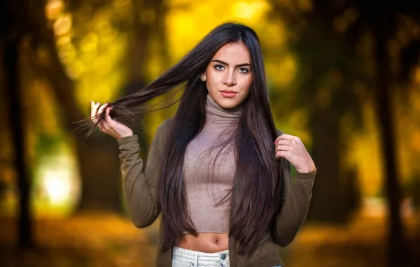 Осень, глаза, взгляд, девушка, поза, парк, руки, живот