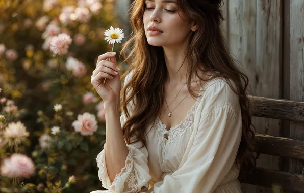 Девушка, цветы, природа, поза, стена, розы, сад, ромашка