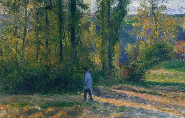 Лес, деревья, природа, картина, Камиль Писсарро, Пейзаж с Охотником в Понтуазе