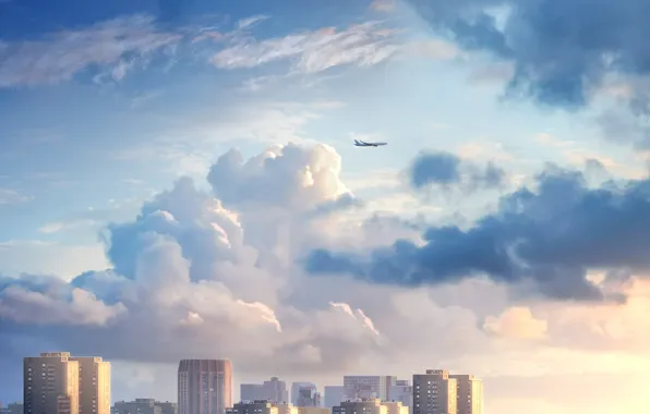 Картинка небо, облака, город, самолёт