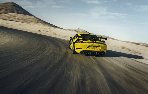 Картинка купе, скорость, Porsche, поворот, Cayman, 718, 2019, чёрно-жёлтый