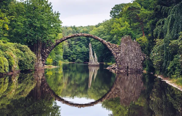 Вода, мост, природа, круг, Германия, Germany, Kromlau, Rakotz bridge