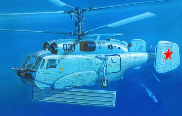 Картинка море, небо, рисунок, корабли, вертолёт, советский, ВМФ СССР, дозора