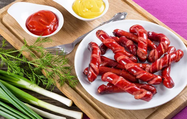 Зелень, сосиски, вилка, соус, sausage