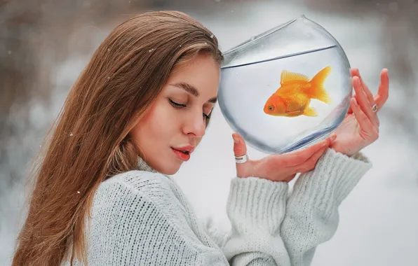 Картинка девушка, лицо, поза, настроение, аквариум, руки, золотая рыбка, длинные волосы