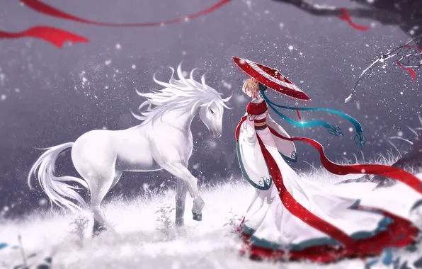 Картинка зима, девушка, снег, улыбка, дерево, лошадь, зонт, юката