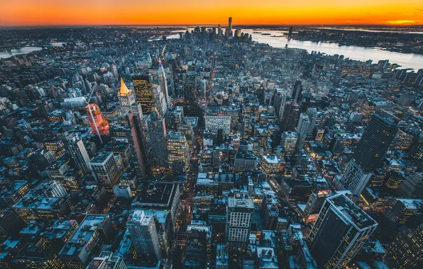 Картинка закат, город, дома, небоскребы, USA, NYC, панорамма