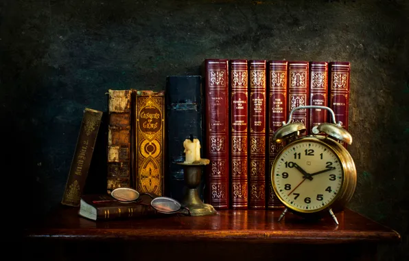 Картинка часы, книги, свеча, очки, Echoes of the past