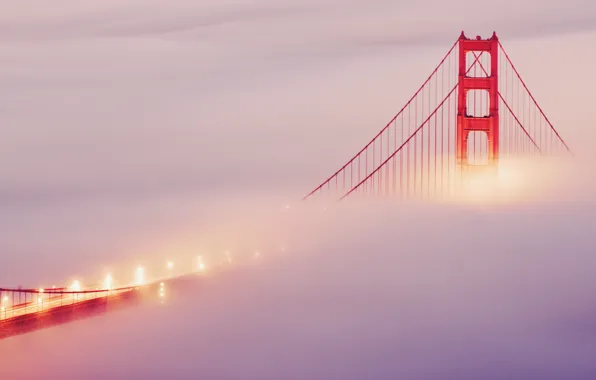 Картинка мост, огни, туман, сан франциско, golden gate bridge