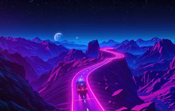 Картинка дорога, горы, горизонт, автомобиль, Mountain, Drive, Retrowave, digitl art