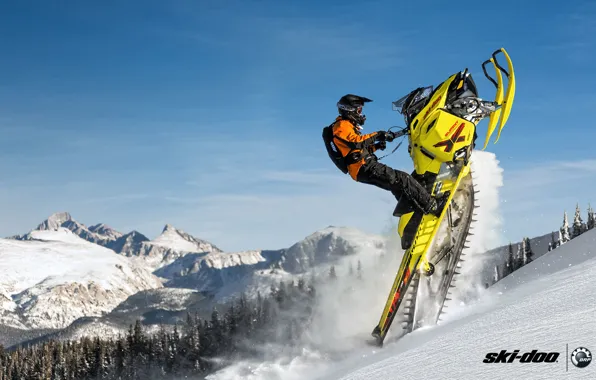 Картинка Гора, Жёлтый, Summit, Снегоход, Snowmobile, Дыбы, Ski Doo