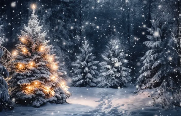 Картинка зима, лес, снег, украшения, ночь, lights, огни, елка