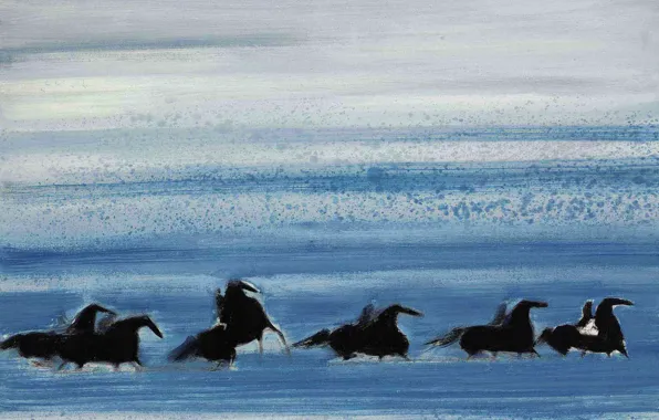 Картинка море, пейзаж, картина, лошади, всадники, Andre Brasilier, Кавалькада у Волн