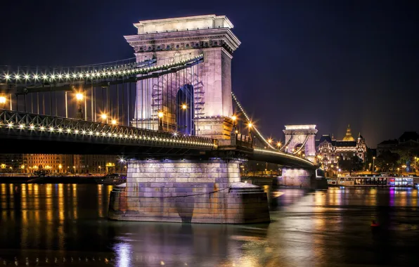 Картинка свет, ночь, город, отражение, река, Венгрия, Будапешт, Дунай