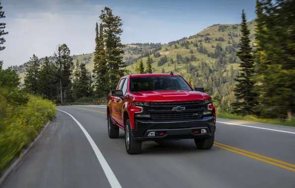 Красный, Chevrolet, пикап, Silverado, Z71, на дороге, Trail Boss, 2019