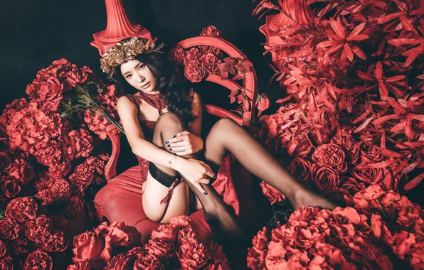 Эротика, девушка, цветы, секси, поза, темный фон, комната, ноги