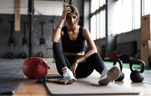 Fitness, kettlebells, legging, sports saloon, activewear, sitting girl, resting girl