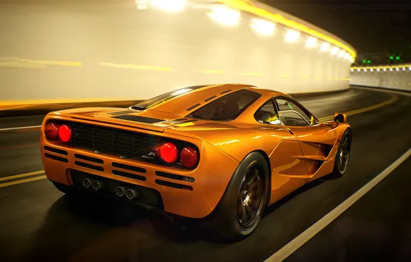 Авто, Машина, Оранжевый, Тоннель, Арт, Суперкар, Mclaren, Mclaren f1